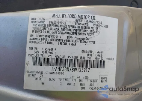 2008 Ford Focus Se/Ses из США, поврежденный, VIN 1FAHP33NX8W125917